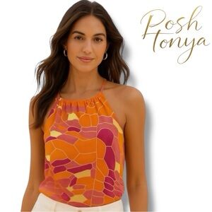 Trina Turk Modal Halter Top Blouse Orange Pink Abstract Size P Coastal Resort